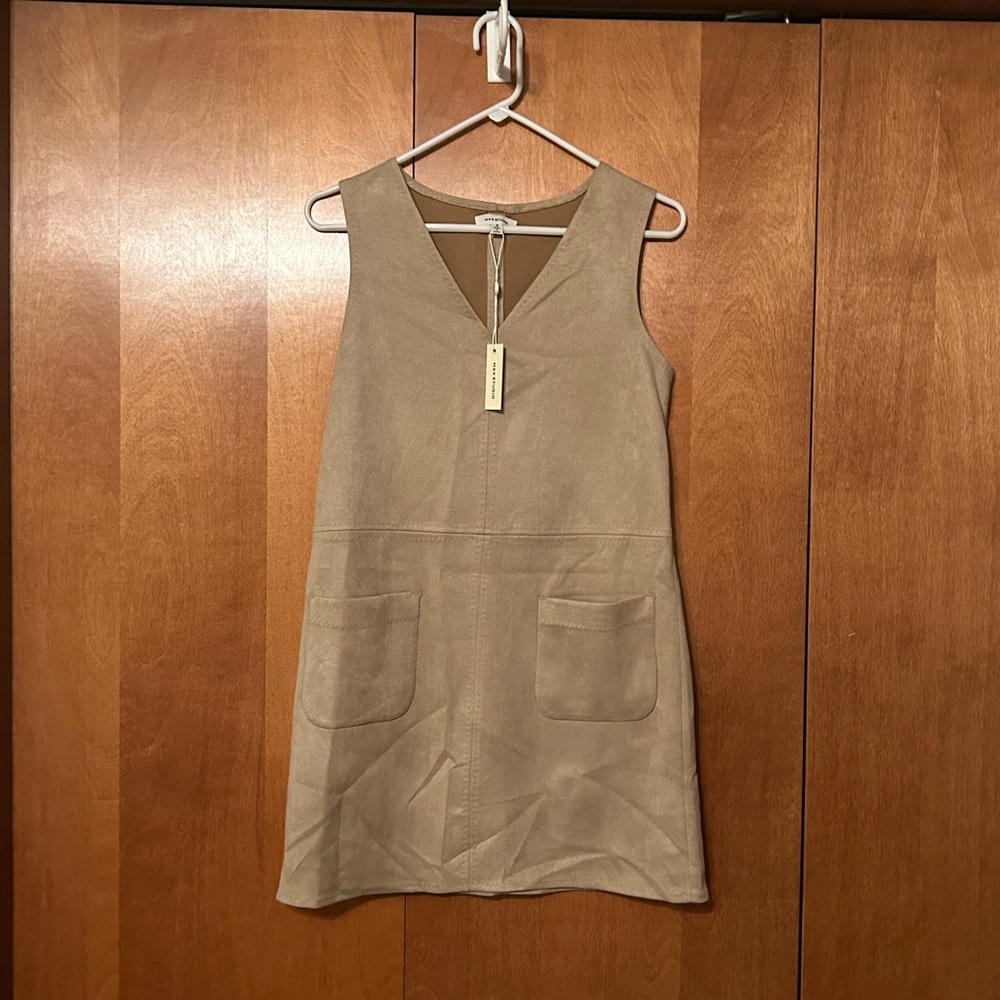 *New* Max Studio Beige Suede Dress with V-Neck and Front Pockets
